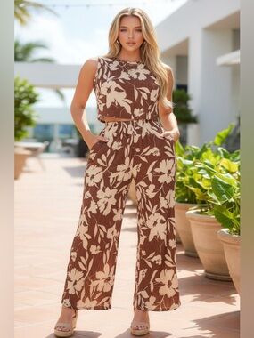 Floral Wide-Leg Pants Set in Royal Blue